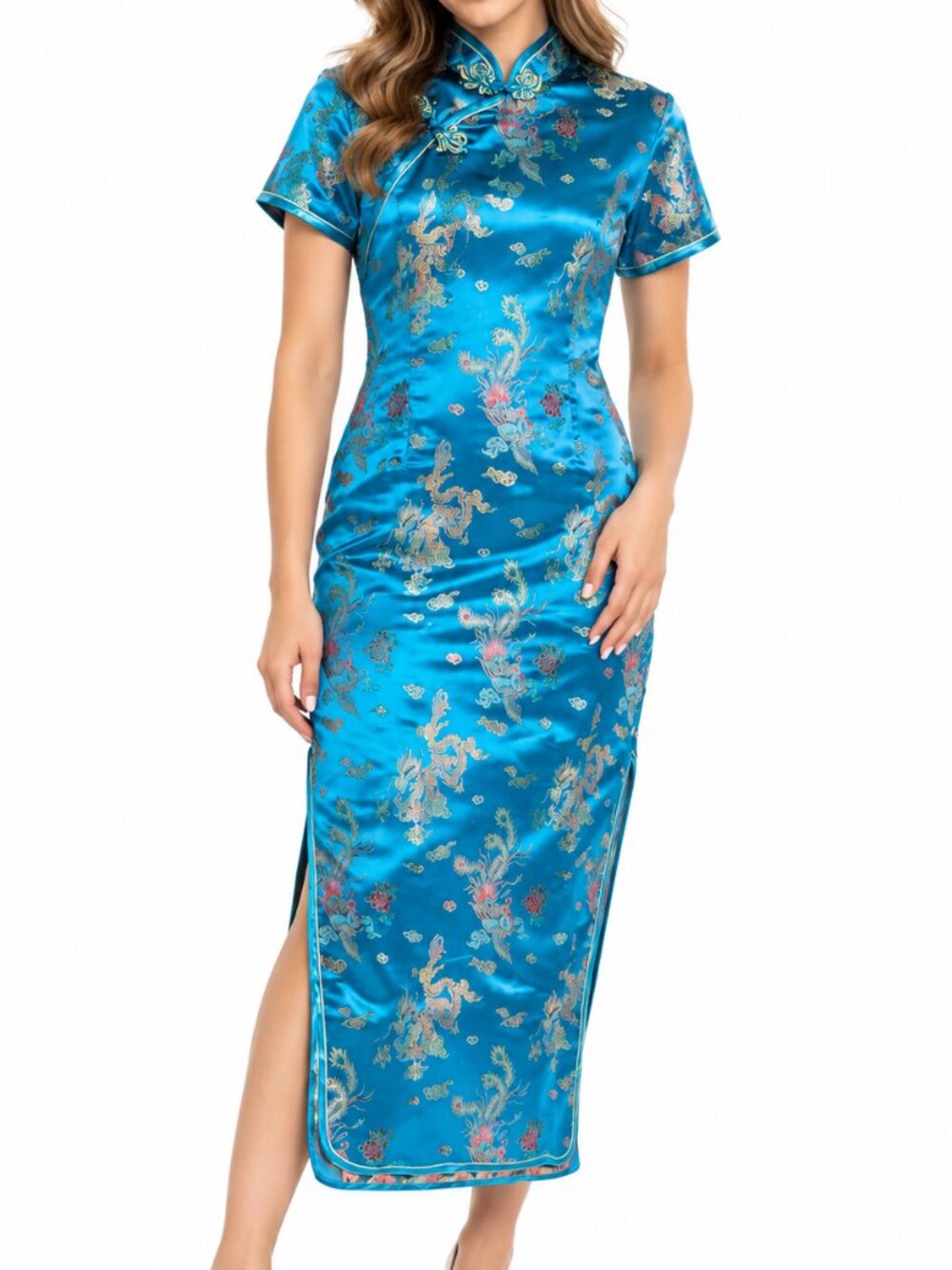 Turquoise Chinese Cheongsam Qipao Dress Dragon Phoenix Satin Size 40